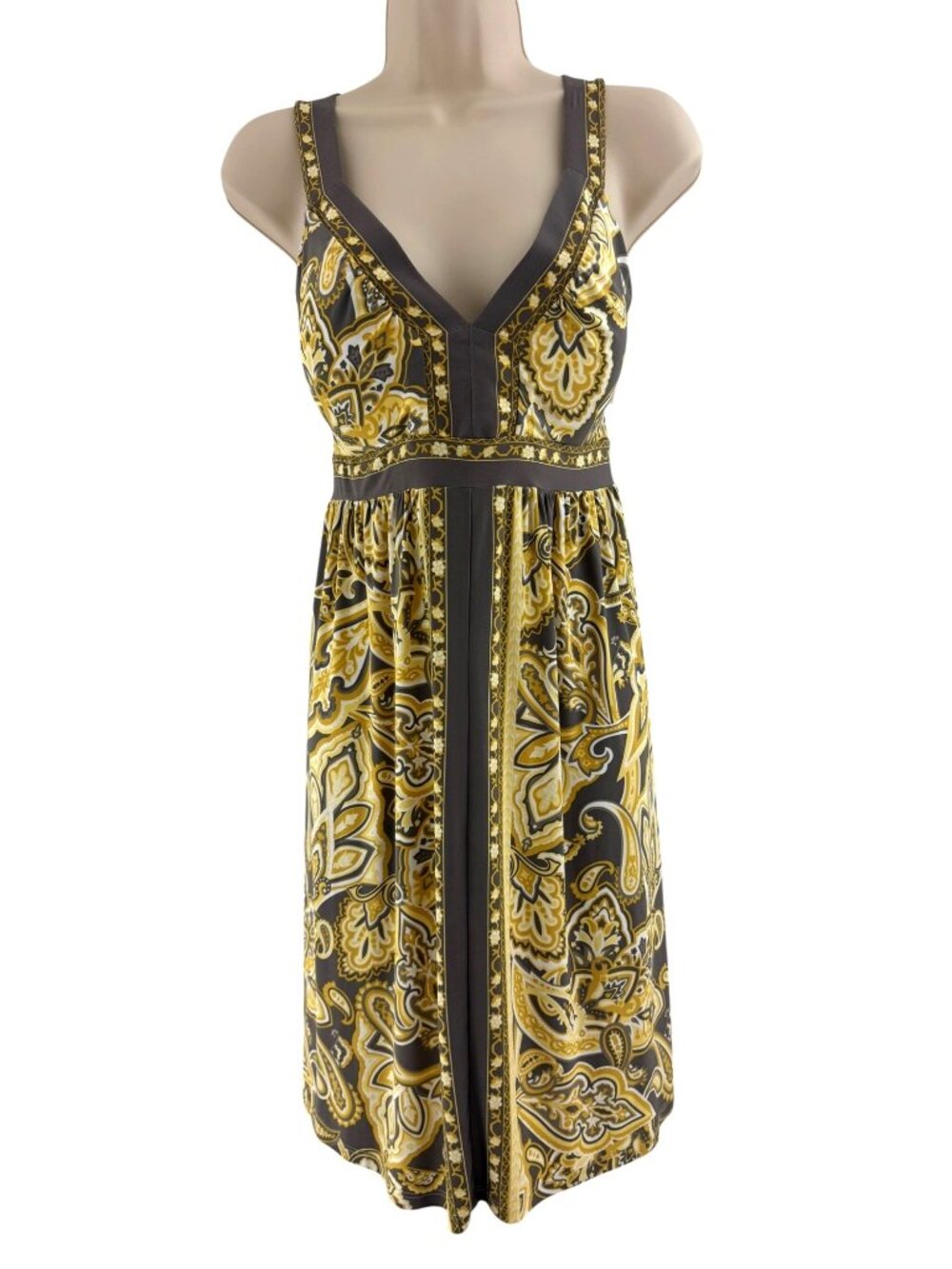 INC International Concepts Yellow Gray Paisley Print Summer Dress Size M Stretch